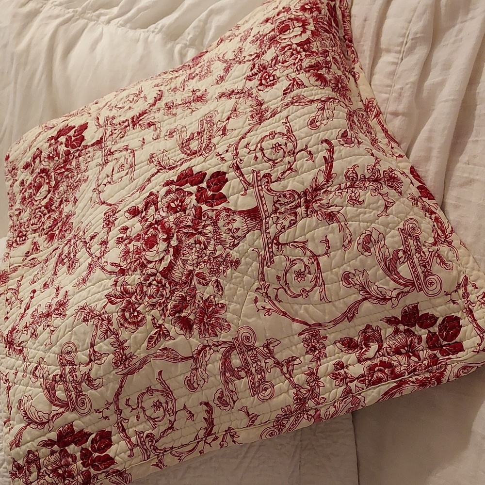 SOLD Romantic French Country Cottage Red Cream Toile Pillow Cover 15.5"x16.5"